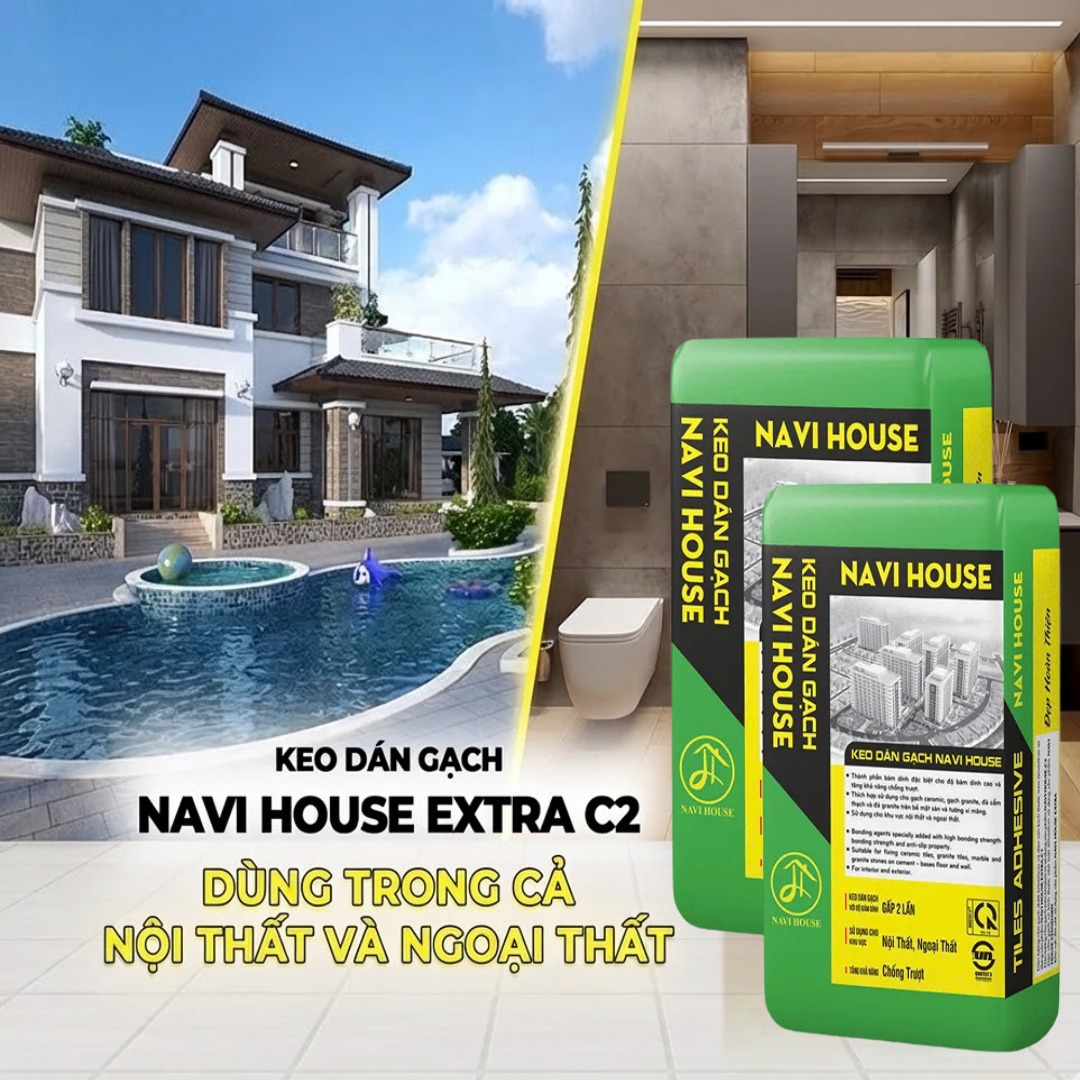 Keo dán gạch Navi House EXTRA C2 (Xám) | CTS-KDG-XTRAC2-01 38 Keo dán gạch Navi House EXTRA C2 màu xám 25kg dùng cho nội thất và ngoại thất